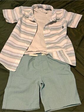 Eddie Bauer Pastel Striped Button-Down Shirt & Teal Shorts Set